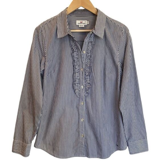 Vineyard Vines Striped Ruffle Long Sleeve Button Down 100% Cotton Women's 8 - Picture 1 of 6